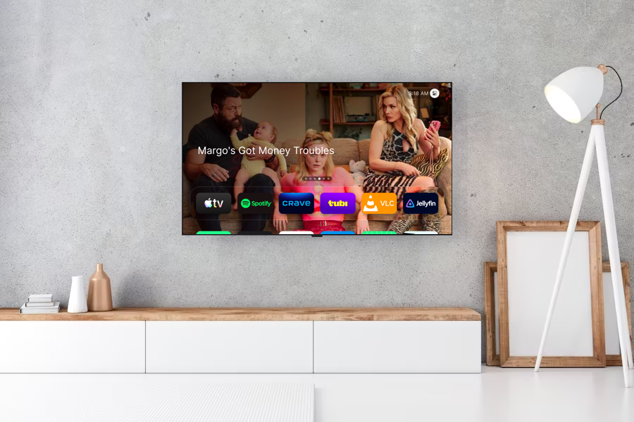 Liquid Launcher TV running on a wall-mounted TV in a living room